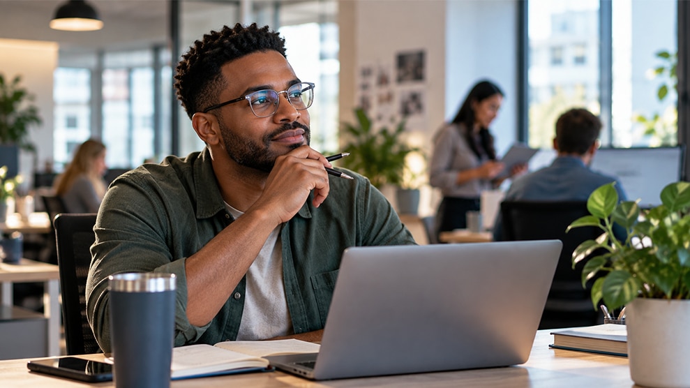 Man looking pensive at computer desk